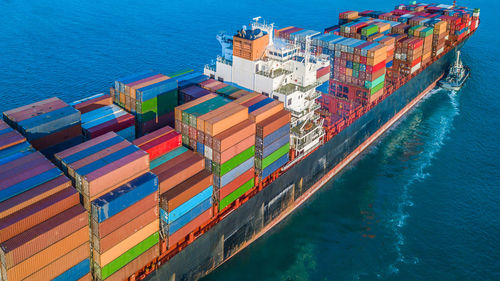 High angle view of container ship in sea