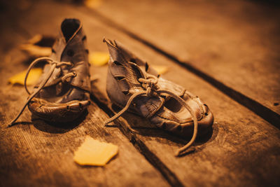 High angle view of dry leaf on table