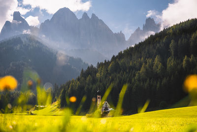 Panoramic view of landscape and mountains against sky world heritage site church