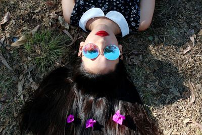 High angle view of woman wearing sunglasses