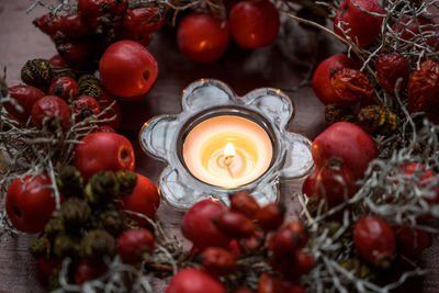 Close-up of candle amidst fruits