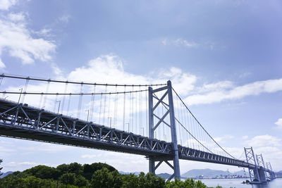 Low angle view of suspension bridge against cloudy sky