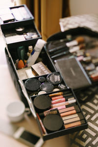 High angle view of objects on table