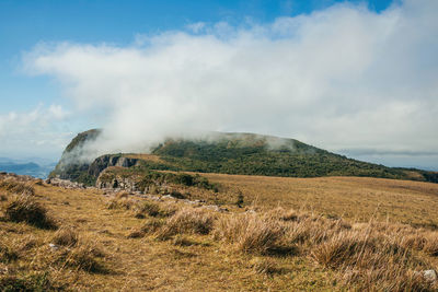 Cliff at fortaleza canyon with rocky landscape covered by clouds near cambará do sul. brazil.