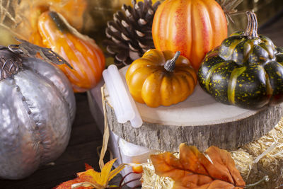 Small pumpkins,  pinecones, and squash on wood stacked on hay next to a pumpkin with glue sticks