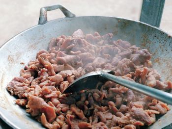 High angle view of meat in cooking pan