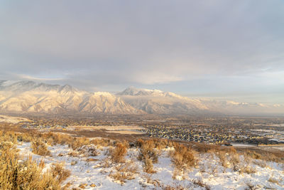 Scenic view of snowcapped mountains against sky