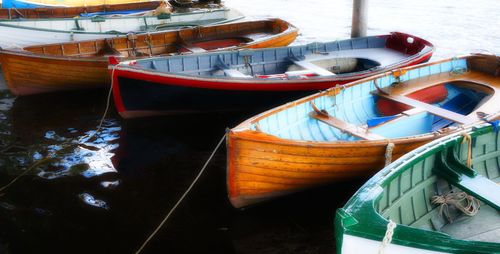 Close-up of boats moored in water