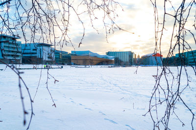 Helsinki, finland, december 2021. central library oodi seen from the wide public space in front