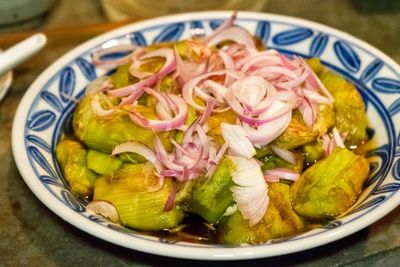 High angle view of food served in plate on table