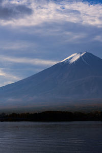 Scenic view of snowcapped mountains against sky during sunset