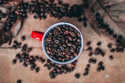 High angle view of coffee beans on table