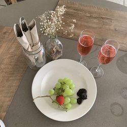 High angle view of breakfast served on table