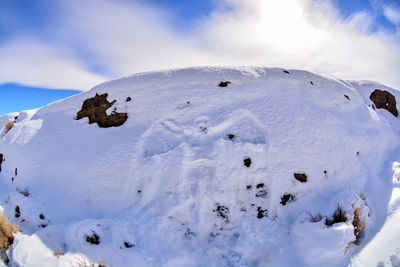 Close-up of snow on landscape against sky
