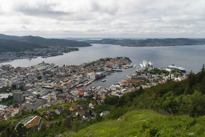 High angle view of townscape and sea against sky