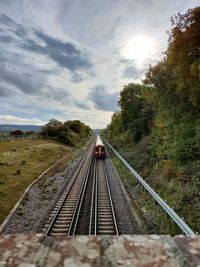 Railroad tracks amidst trees against sky