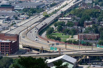 High angle view of elevated road and cityscape