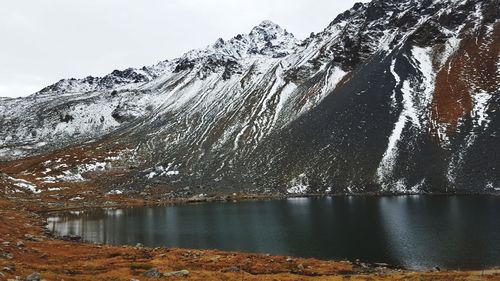 Scenic view of lake and mountains against sky