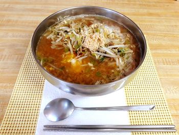 High angle view of soup in bowl