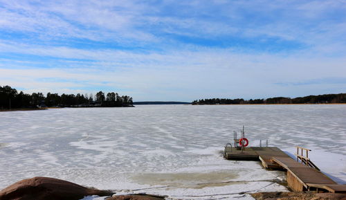 Scenic view of lake against sky during winter