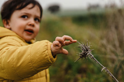 Cute boy touching spiky plant