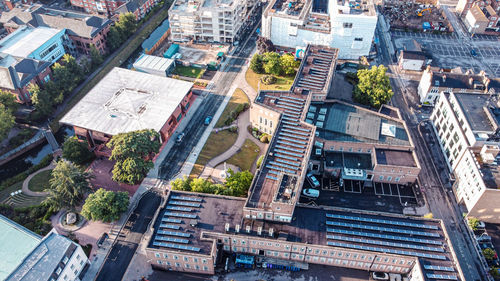 High angle view of street amidst buildings in city