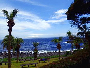 Scenic view of sea against cloudy sky