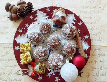 High angle view of dessert in plate on table
