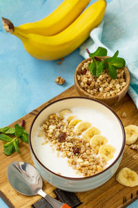 High angle view of breakfast served on table