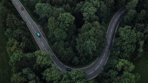 Drone image taken high above the forest. road in southern germany