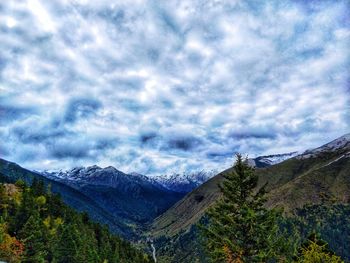 Scenic view of snowcapped mountains against sky