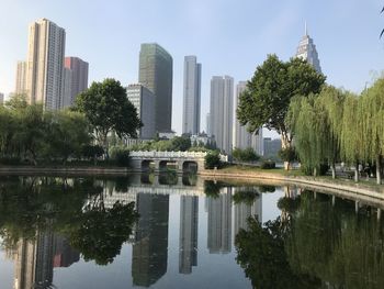 Reflection of trees and buildings in lake