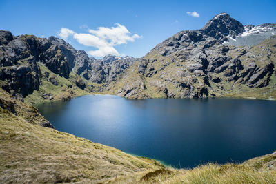 Scenic view of lake and mountains against sky