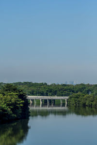 Bridge over lake against clear sky