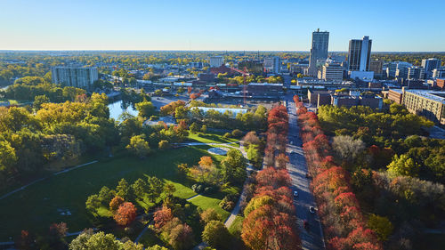 High angle view of buildings in city