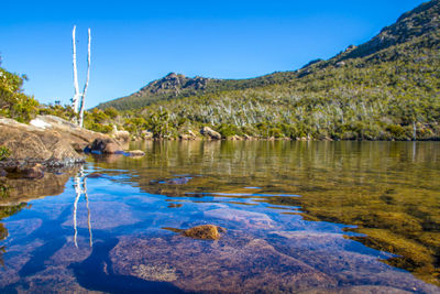 Scenic view of lake and mountains against blue sky