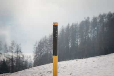 Close-up of wooden post during winter against sky
