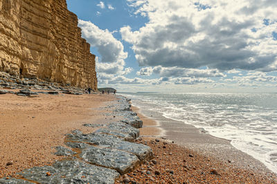 Rocks on beach against sky