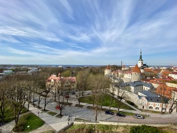 High angle shot of townscape against sky