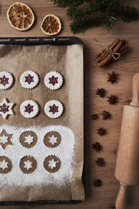 High angle view of cookies on table
