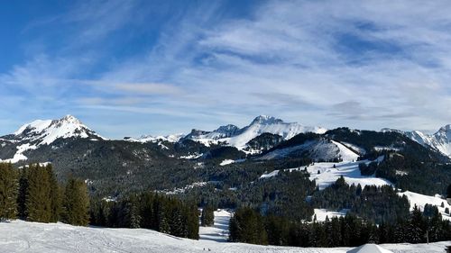 Scenic view of snowcapped mountains against sky