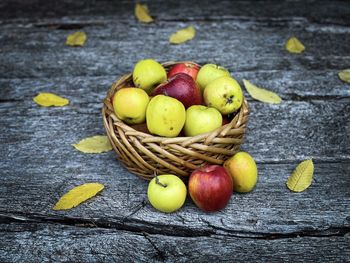 High angle view of apples in basket on table