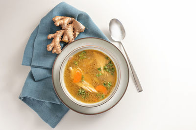 High angle view of soup in bowl on table