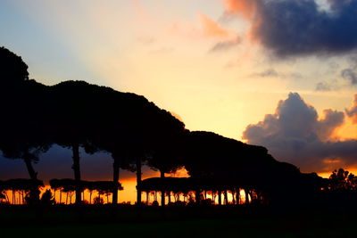 Silhouette trees by lake against sky during sunset