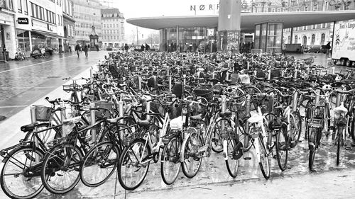 Bicycles at parking lot in city