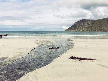 Scenic view of beach against sky lofoten sand beach