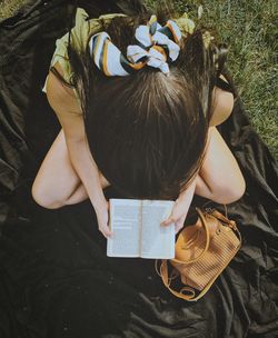 High angle view of woman wearing hat