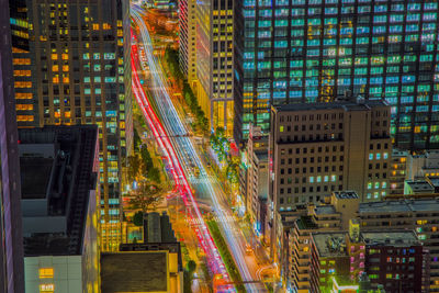 High angle view of illuminated city at night