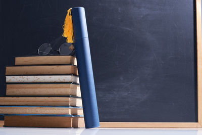 Stack of books on table