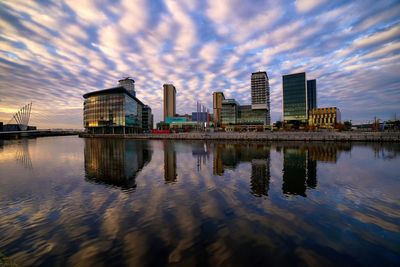 City skyline against cloudy sky